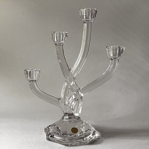 Vintage Full Lead Crystal 4-Arm Candle Holder MCM Minimalist Candelabra Germany - Picture 1 of 10